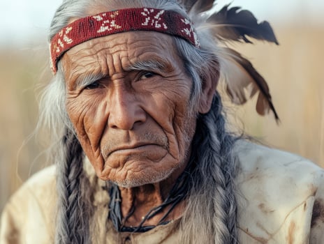 Elder native with traditional attire and feathered headdress in a field photo