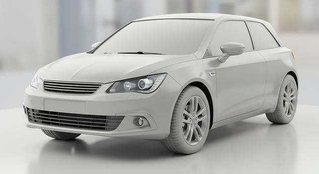 A white car is shown in a white room photo