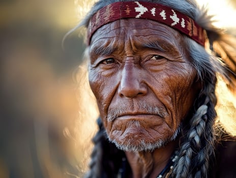Elderly Native American man with traditional attire and braided hair photo