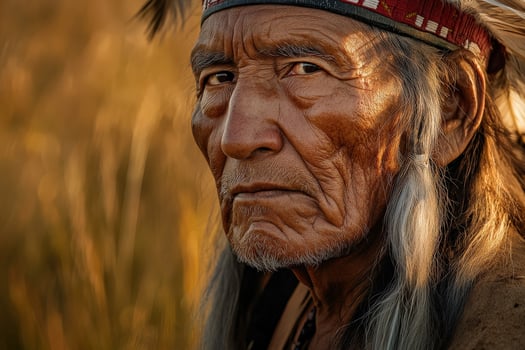 Portrait of a Native American elder in golden sunlight outdoors photo