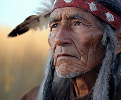 Elderly man in traditional attire with feathers standing outdoors at sunset photo