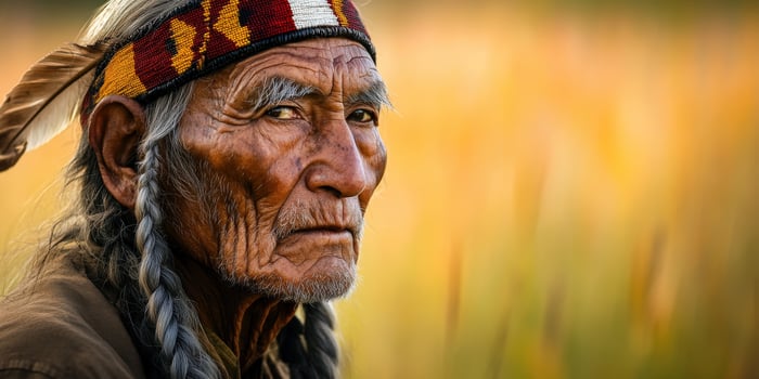 Elderly man poses with traditional headdress in golden field at sunset photo