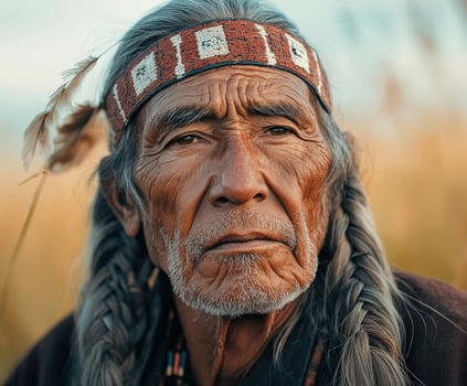 Elder Native American man in traditional attire posing outdoors during sunset photo