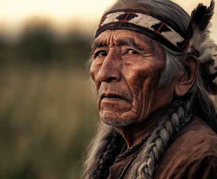 Elderly Native American man in traditional attire at sunset photo
