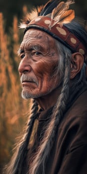 Elderly man wearing traditional attire in a natural setting at sunset photo