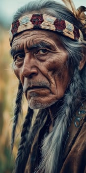 Elder Native American man with long hair and traditional headband poses outdoors photo