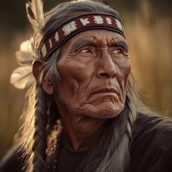 Elder Native American man posing in natural landscape during golden hour photo