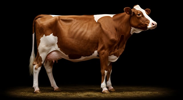 A brown and white cow standing in front of a black background photo