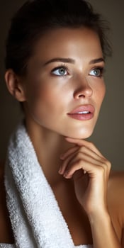 Woman with radiant skin and towel looking thoughtfully into the distance photo