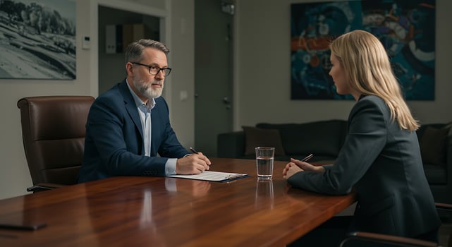 A man and woman sitting at a table in an office photo