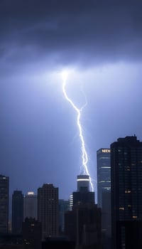 lightning bolt is seen over a city at night photo