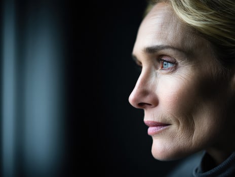 Woman gazing thoughtfully out of a window in a dimly lit room photo