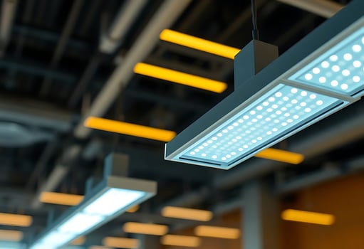 group of lights that are hanging from a ceiling photo
