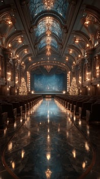 Elegant theater interior with festive decorations and shimmering lights during holiday season photo
