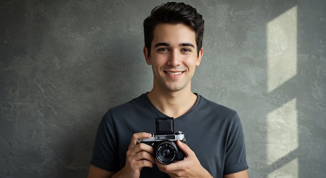 A man holding a camera in front of a wall photo