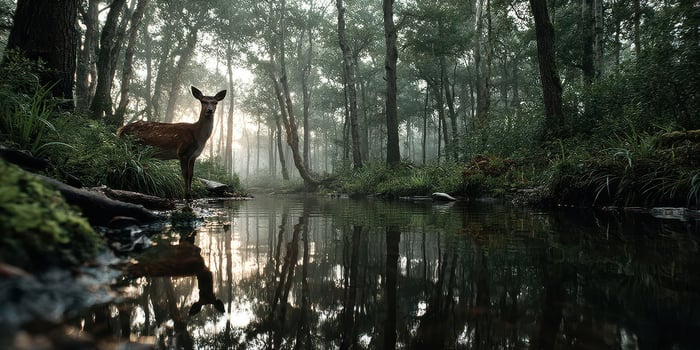 Serene deer by the calm river in a misty forest during early morning light photo