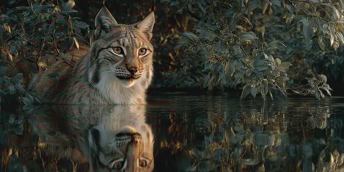 Lynx gazes serenely at its reflection in a calm forest pool during twilight hours photo
