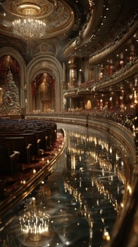 Beautifully decorated theater during the holiday season with a magnificent tree and elegant chandeliers lighting the stage photo