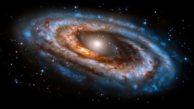 A magnificent spiral galaxy is on display, revealing its intricate structure with glowing arms and a bright core. This cosmic beauty showcases vibrant hues against the dark backdrop of space photo