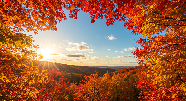 A view of the sun shining through the trees in the fall photo
