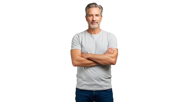 A man with a gray t - shirt and jeans standing with his arms crossed photo