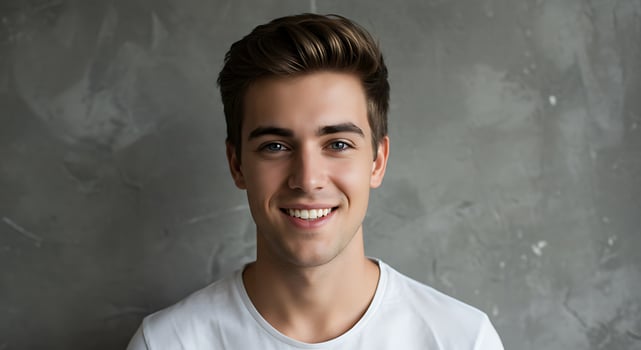 A young man is smiling in front of a wall photo