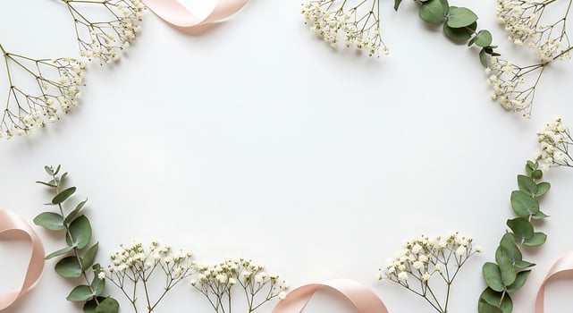 Wedding floral frame with pink ribbon and eucalyptus leaves on white background photo