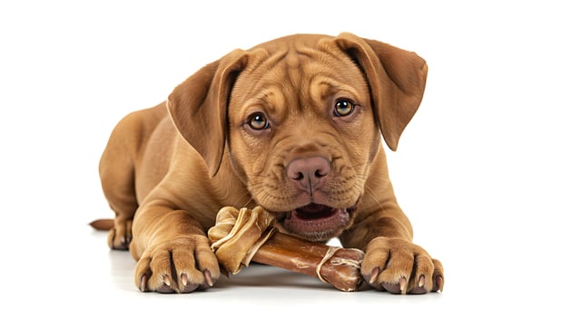 A brown dog chewing on a bone photo