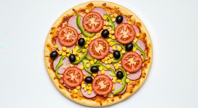 A pizza with tomatoes, olives, peppers and black olives photo