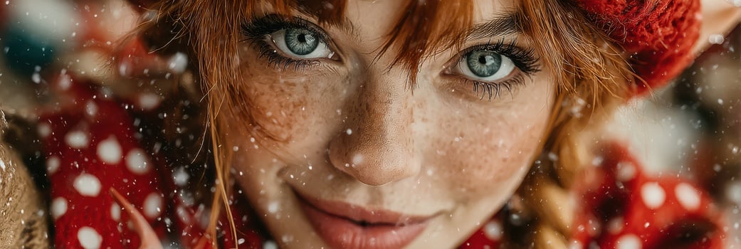 Close-up of a young woman with red hair and freckles smiling in falling snow wearing a cozy red hat and polka dot scarf photo