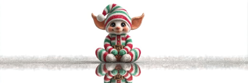 Cute holiday elf character with striped outfit and reflective surface in festive setting photo