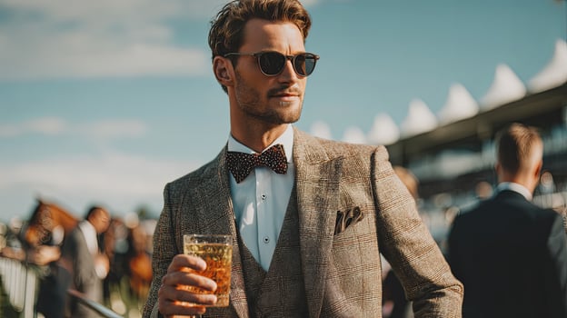 Elegant man in suit and bow tie holding wine glass photo