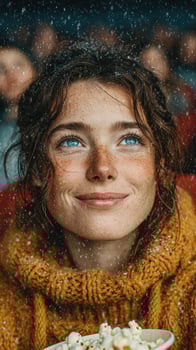 Young woman enjoying a movie while holding popcorn in a cozy theater atmosphere during a winter-themed screening photo