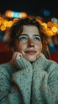 Young woman gazes upward, lost in thought, as warm lights illuminate the background during an evening gathering photo