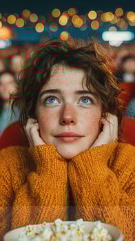 Young woman watches an engaging film while seated in a theater filled with dim lights and cheerful ambiance photo