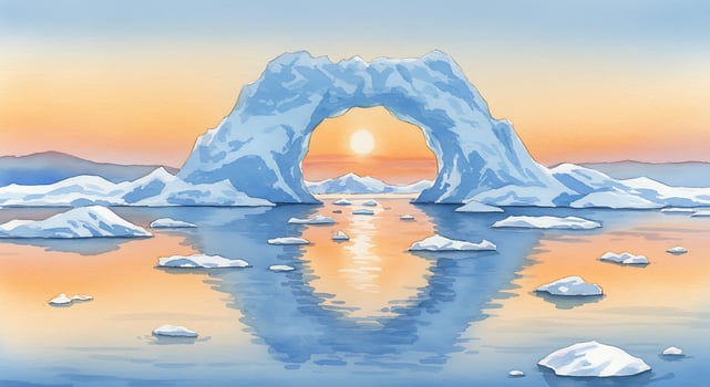 An illustration of an iceberg with the sun setting behind it photo