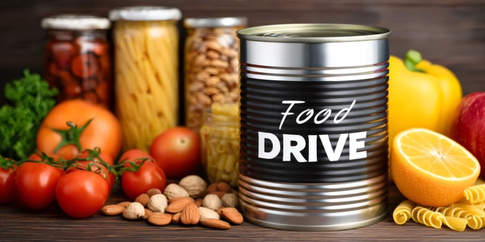 Food drive can promoting donations with fresh produce and canned goods photo
