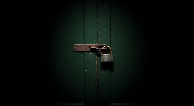 A padlock is locked on a green door photo