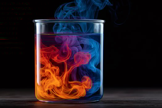 Colorful chemical reaction creating smoke in beaker on dark background photo