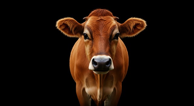 A cow is standing in front of a black background photo