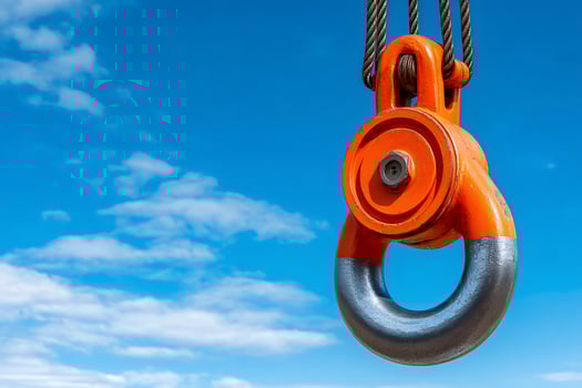 Lifting hook hanging from steel cable against blue sky photo