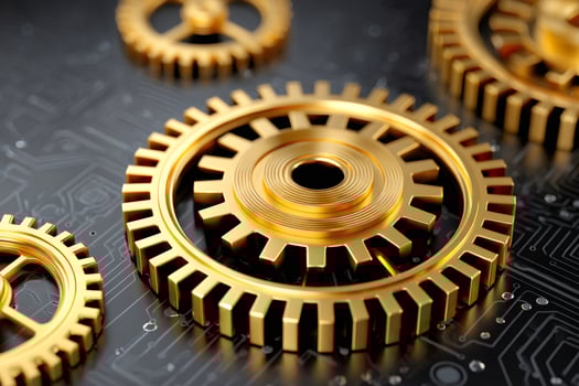 Golden gears rotating on circuit board, artificial intelligence and automation photo