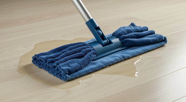 A blue towel is on the floor with a mop photo
