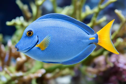 Powder blue tang fish swimming in coral reef aquarium. photo