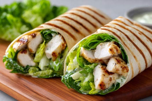 Grilled chicken caesar salad wraps sitting on wooden cutting board photo