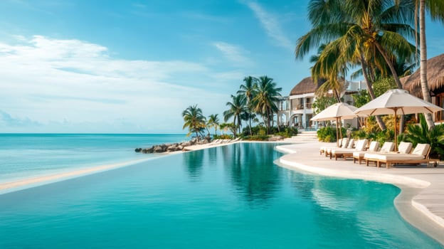 Infinity pool overlooking tropical ocean in luxury resort... photo