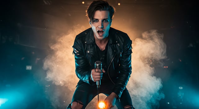 A man in leather jacket holding a microphone photo