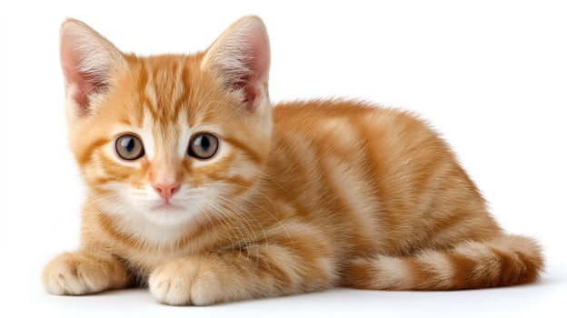 Ginger kitten lying on white background photo