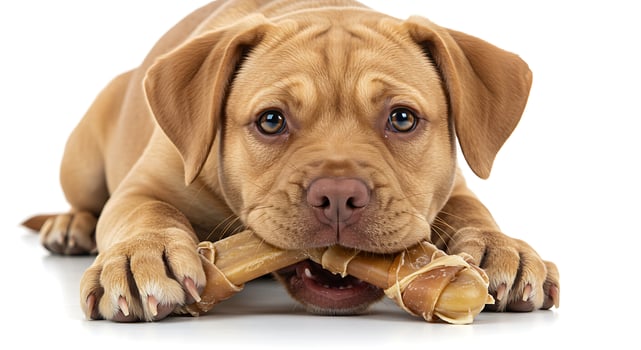 A dog chewing on a bone photo