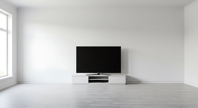 A white room with a tv on top of a wooden floor photo